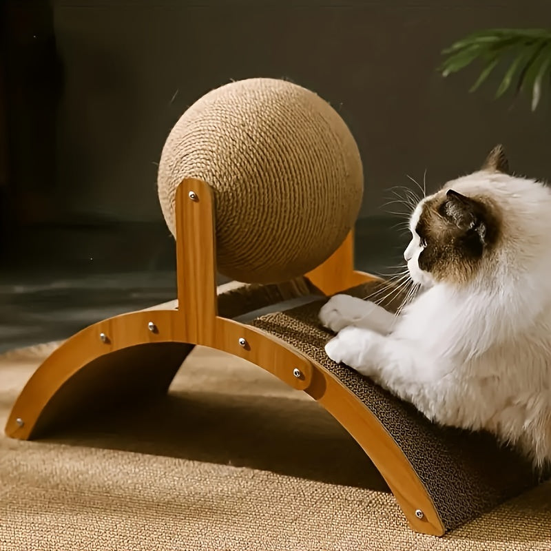 Durable vertical cat scratcher and bed made of textured cardboard, with multi-functional play station, in a compact design.