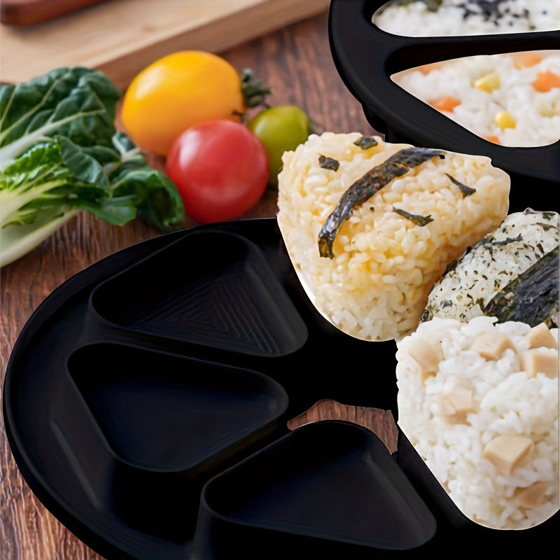 Triangle-shaped Sushi Mold Set includes 6 pieces and an oil brush, perfect for creating onigiri rice balls for bento boxes. This plastic kit is ideal for making Japanese sushi and is safe to use with food. Make delicious seaweed-wrapped rice with this