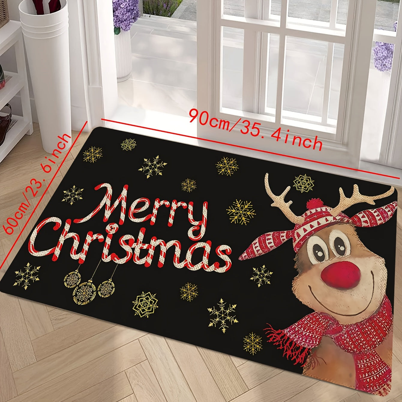 Reindeer-themed Merry Christmas Doormat, Durable Indoor/Outdoor Welcome Mat with Stain-Resistant Low Pile, Easy-to-Clean Machine Washable Polyester Material, Rectangle Shape for Holiday Entrance Decoration