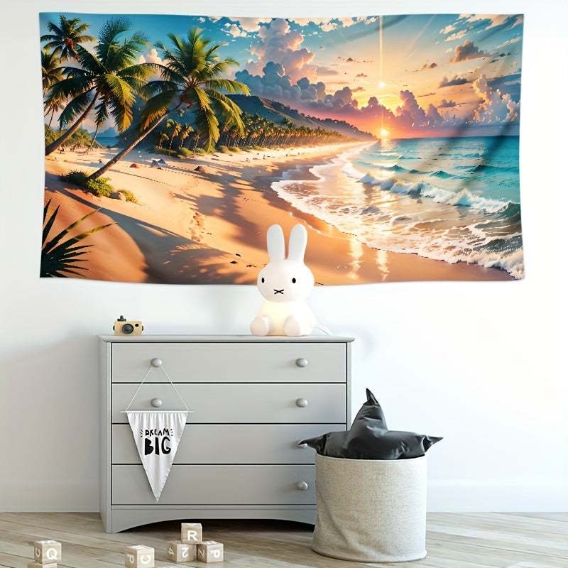 Tropical Beach Paradise Tapestry featuring Palm Trees and Sunset Beach, Stunning Artwork for Home Decor