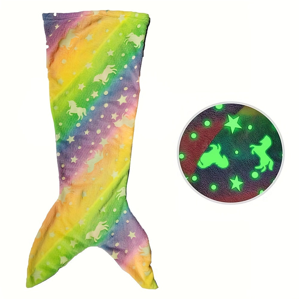 Soft Flannel Rainbow Blanket for Cozy Bedtime Comfort featuring a Glow-in-the-Dark Mermaid Starry Night Print.