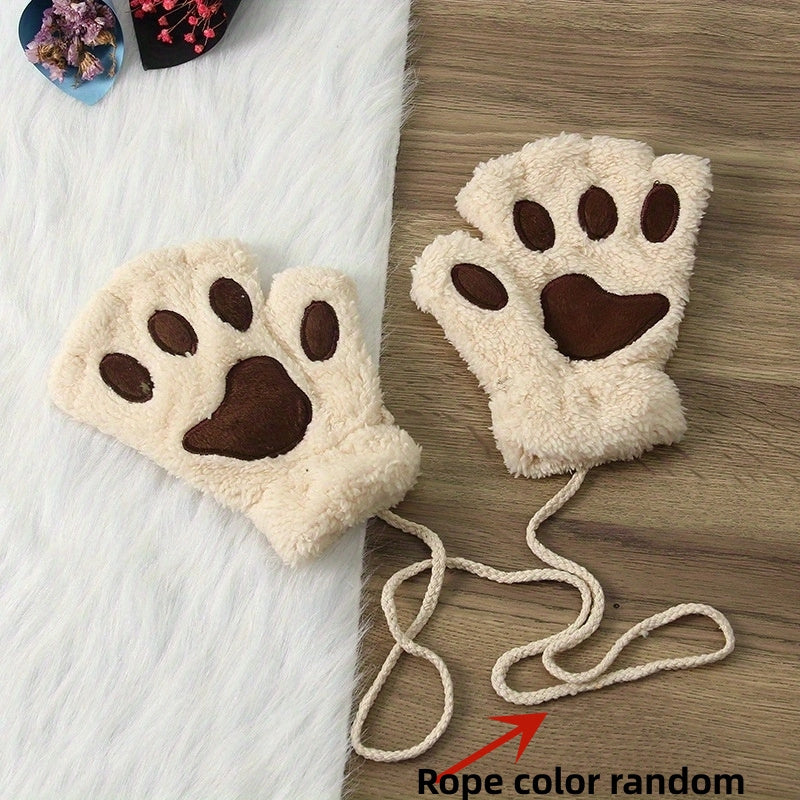 Soft and thickened half-finger winter gloves featuring cute cartoon cat paw design, ideal for keeping your hands warm and cozy. These touchscreen gloves are perfect for adding a touch of fun to your winter wardrobe.