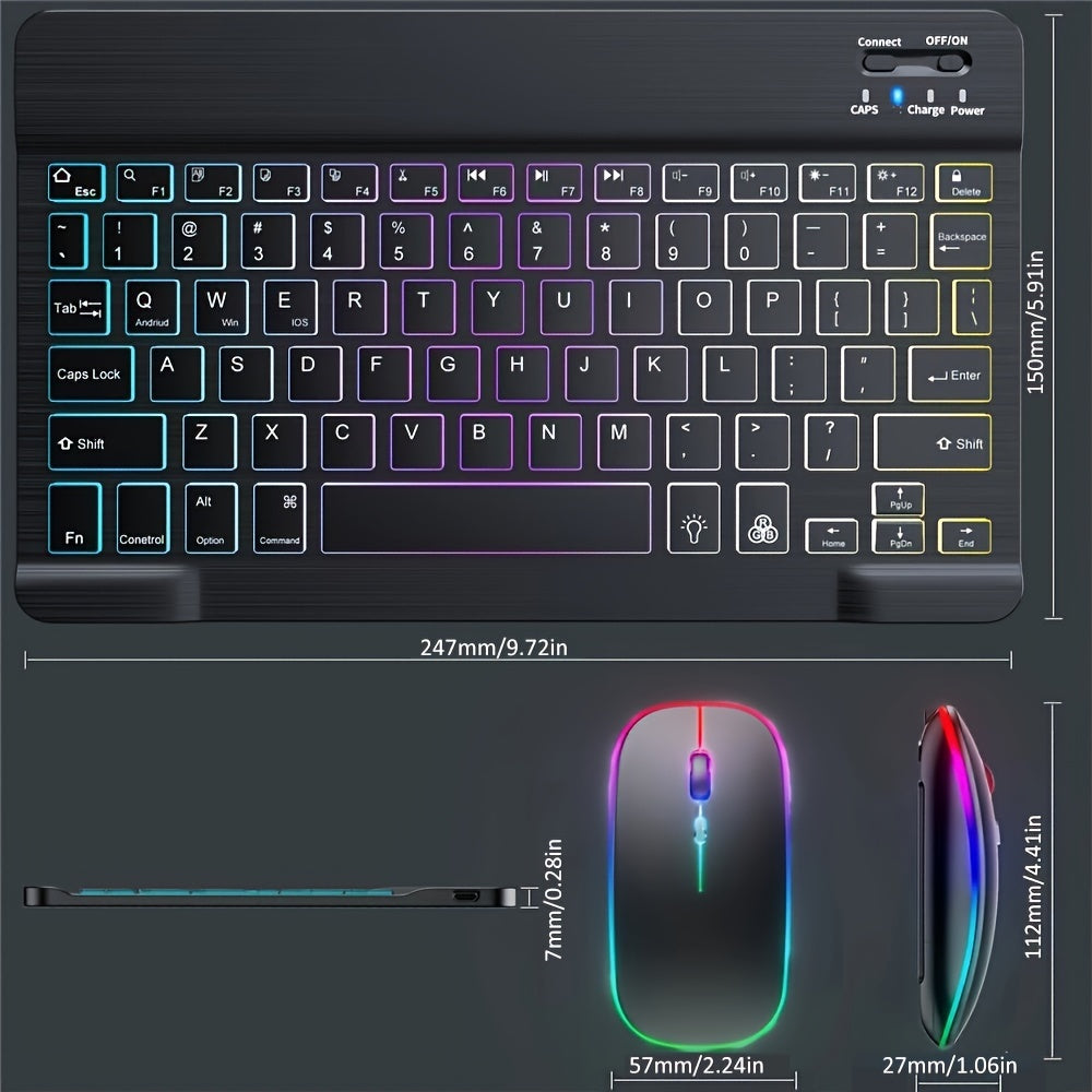 10-inch iPad and laptop backlit wireless keyboard and mouse combo with ergonomic design, portable, rechargeable, quiet keys, adjustable brightness, RGB lighting, Type-C charging, and