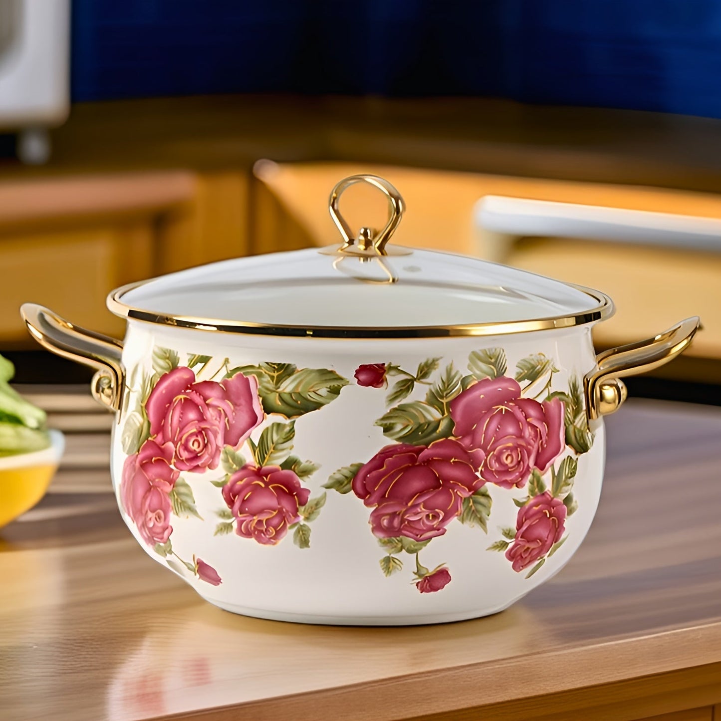 Luxurious stockpot with gold handle and lovely rose flower enamel design. Comes with a durable glass lid and is offered in four different sizes. Perfect for high-end cooking in your home or outdoor kitchen.