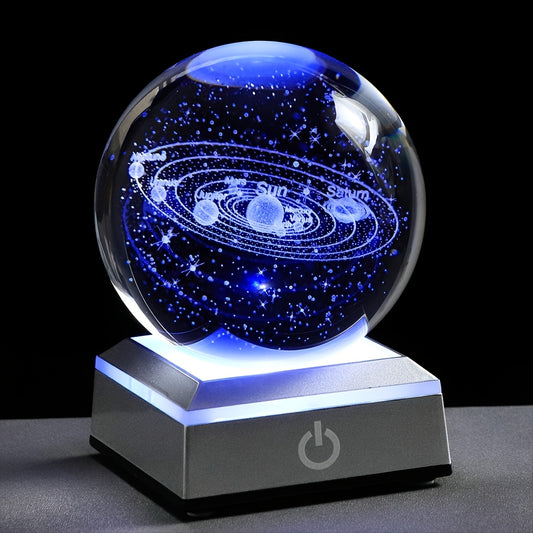 Small 3D Solar System Crystal Ball with LED Base - Perfect Home Decor and Gift for Astronomy Enthusiasts.