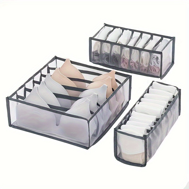 Underwear storage box with three compartments fitting socks and panties, drawer-style organizer for closet.