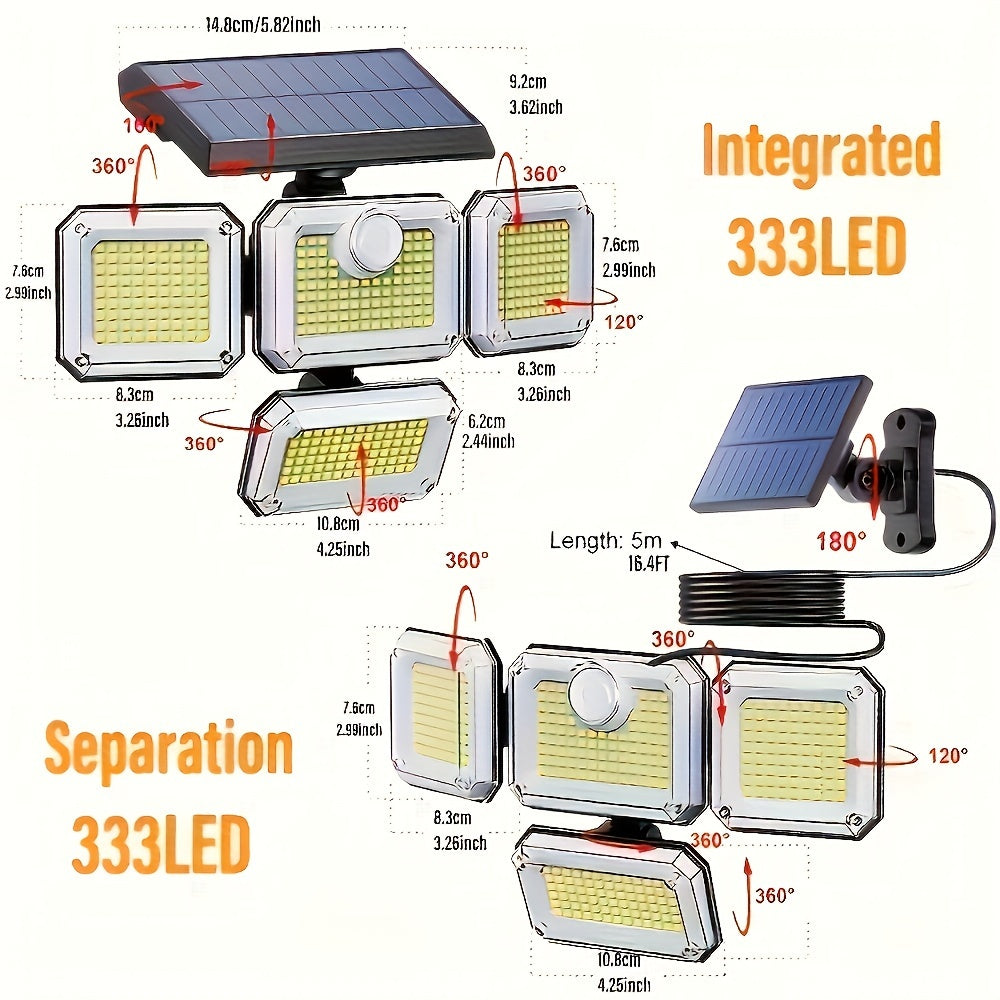 Solar-powered outdoor light with 333 LEDs, motion sensor, remote control for 3 modes, and 4-head design for patio, garage, porch, yard.