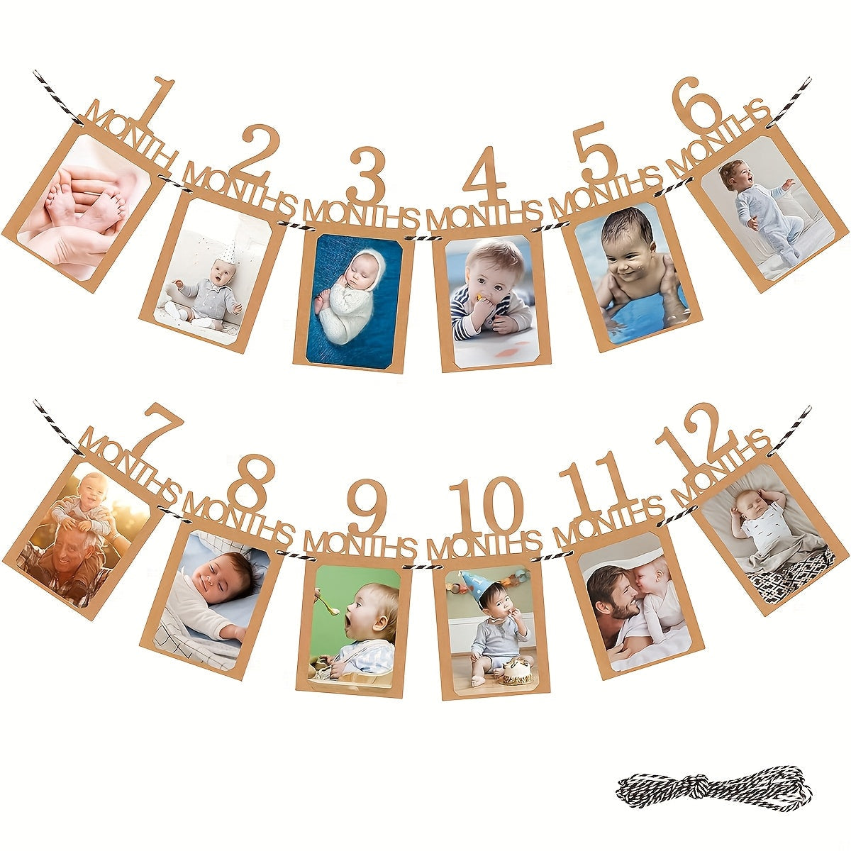 Paper Craft Memory Album featuring Baby's First Year Photo Banner and 12 Month Milestone Photograph Garland. The Monthly Growth Picture Display is perfect for newborns to 1-year-olds, with the option to use up to 3 years. This set includes a rope and