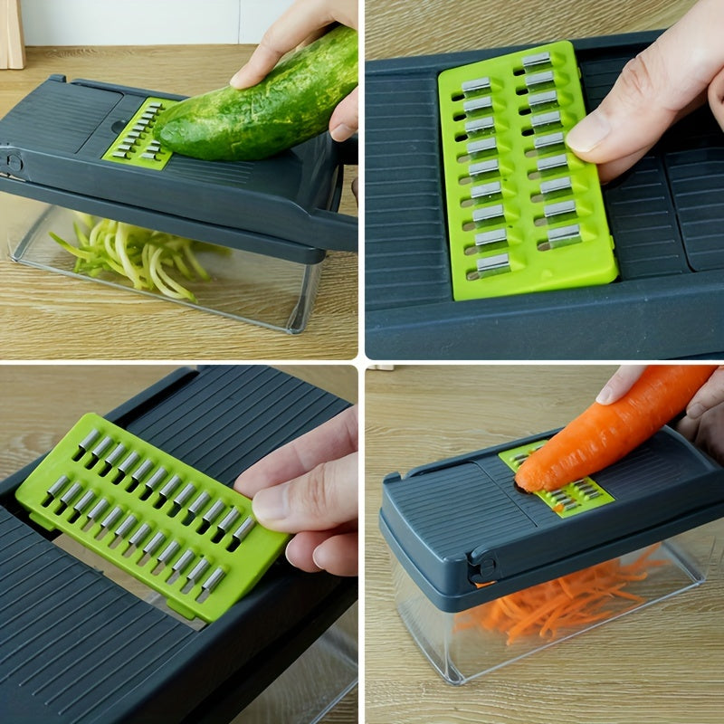 The Multifunctional Vegetable & Fruit Slicer Set includes 16 pieces and is a manual food processor with interchangeable blades. It also comes with a container and is perfect for slicing onions, potatoes, and more. This essential kitchen gadget is