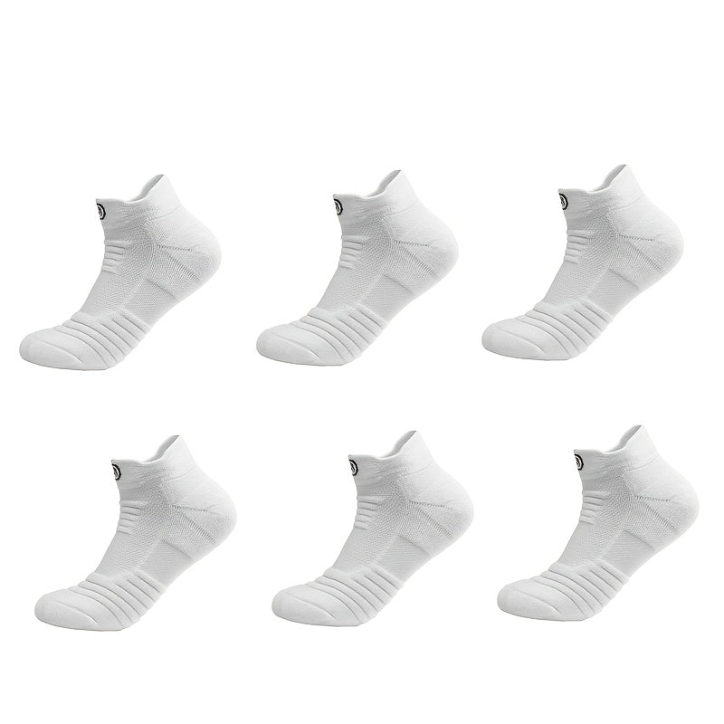 5 pairs of high-performance athletic compression socks for men in gray, black, and white. Made with breathable polyester and sweat-wicking material with a towel bottom, featuring a