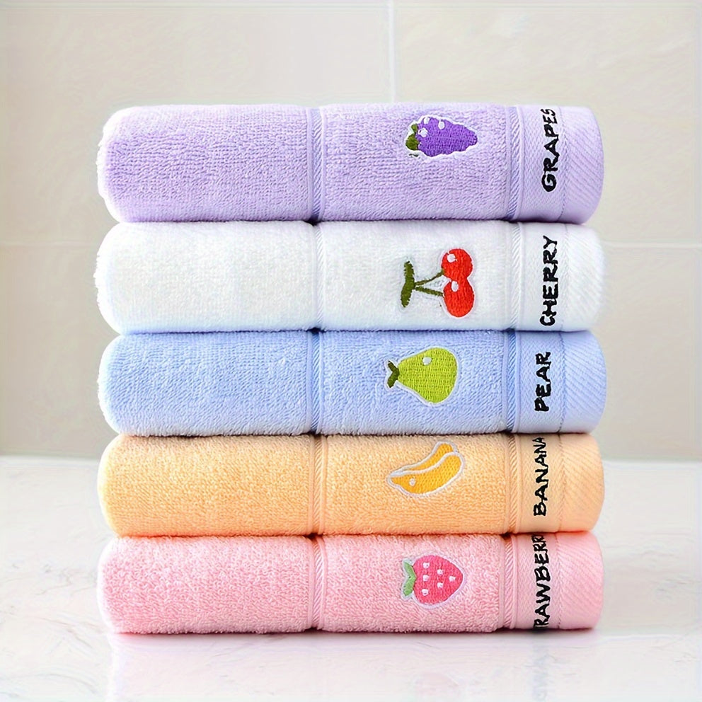 Five soft cotton fingertip towels with fruit patterns ideal for everyday use in the bathroom.