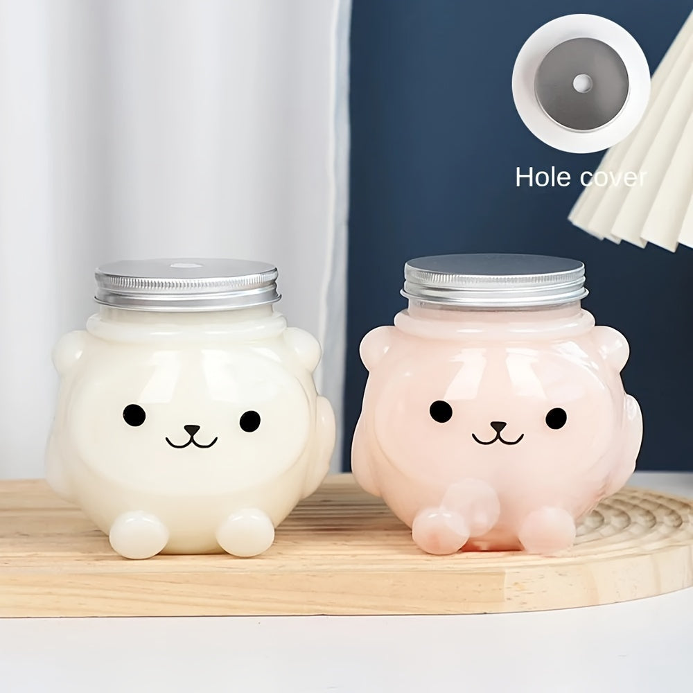 1 piece or 4 pieces of 500ml Milk Tea Juice Bottles Beverage PET Water Bottle featuring Bear and Tiger designs. These disposable takeaway coffee bottles come with lids.