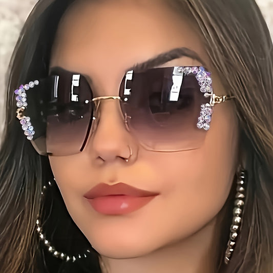 2 rhinestone rimless fashion glasses for women with gradient lenses, metal frames, and casual yet fashionable design.