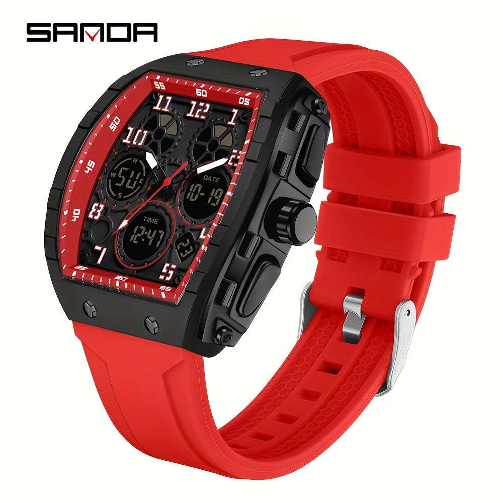 SANDA Fashionable Dial Men's Military Sports Wristwatch, equipped with a Silicone Strap, Multiple Functions, and Waterproof LED Clock.