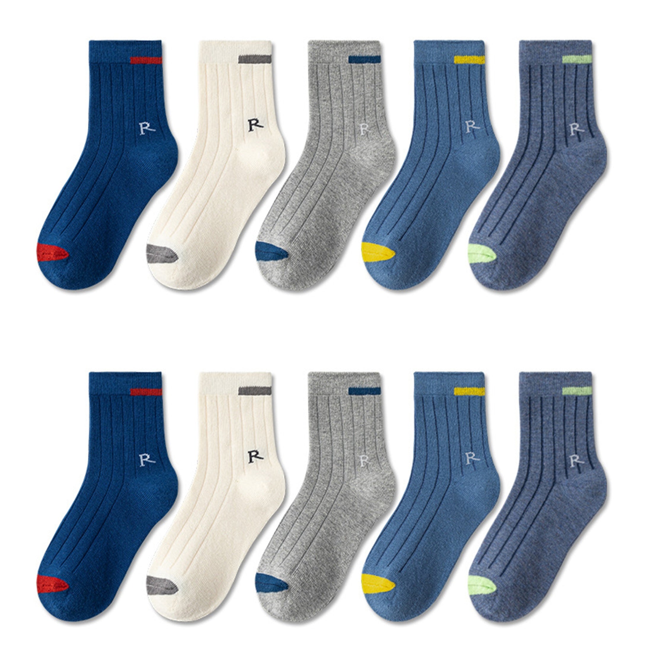 5 Boys' Breathable Athletic Socks with "R" Print, Polyester & Elastane Blend, Stylish and Soft for All Seasons