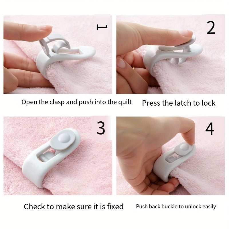 1 piece of invisible no-sew clips made of polypropylene material, designed for quilts, bedsheets, and duvet covers. These safe and secure holders feature a needle-free design and thumb clasp for seamless clasp for spot-cleaning and home use.