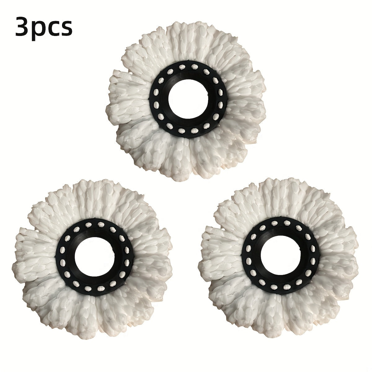 Replacement heads for a rotating mop, set of 3. These 360° rotating mop heads are designed for floor cleaning, with both dry and wet mop cloths included. Easy to clean and a must-have addition to your cleaning supplies.