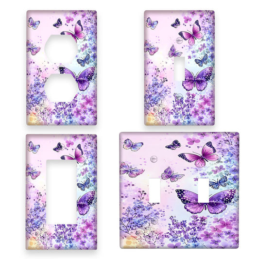 Purple butterfly light switch cover with floral design, easy to install, no wiring required. Ideal for bedrooms, bathrooms, and kitchens. Available in 1-Gang or 2-Gang sizes. Versatile for holidays and bathroom decor.