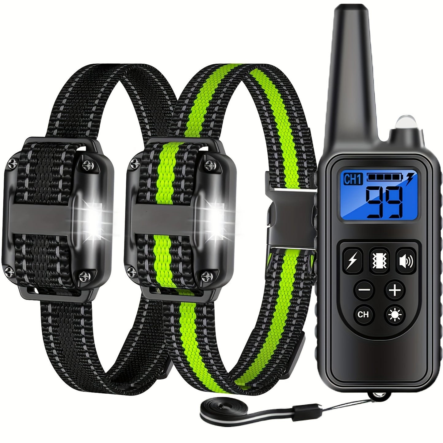 Remote shock collar for dogs with LED light, beep, vibration, shock, and rechargeable battery, suitable for medium to large dogs.