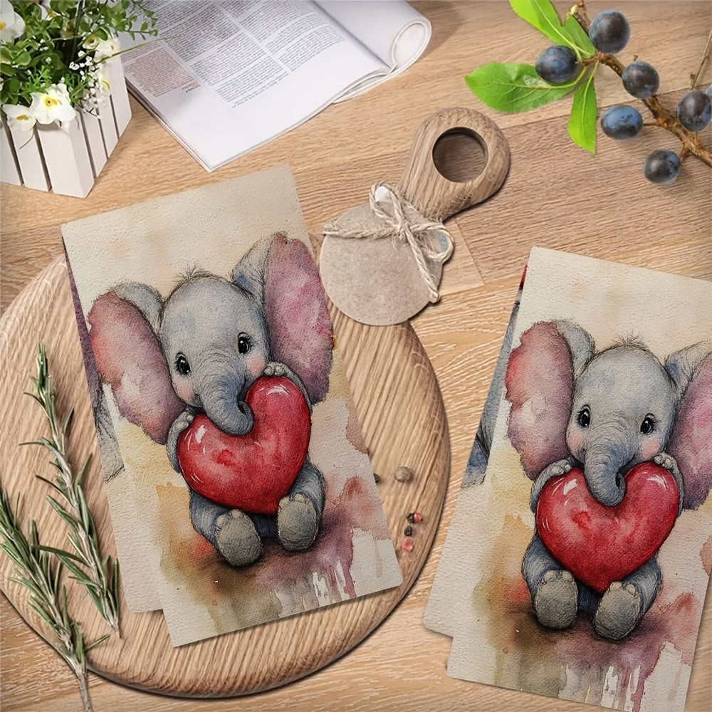 Pair of 2 incredibly soft kitchen towels with a charming baby elephant print, great for celebrating Valentine's Day. These super absorbent dish towels are easy to clean in the washing machine and come in a generous size of 40.64x60.96 cm, making them