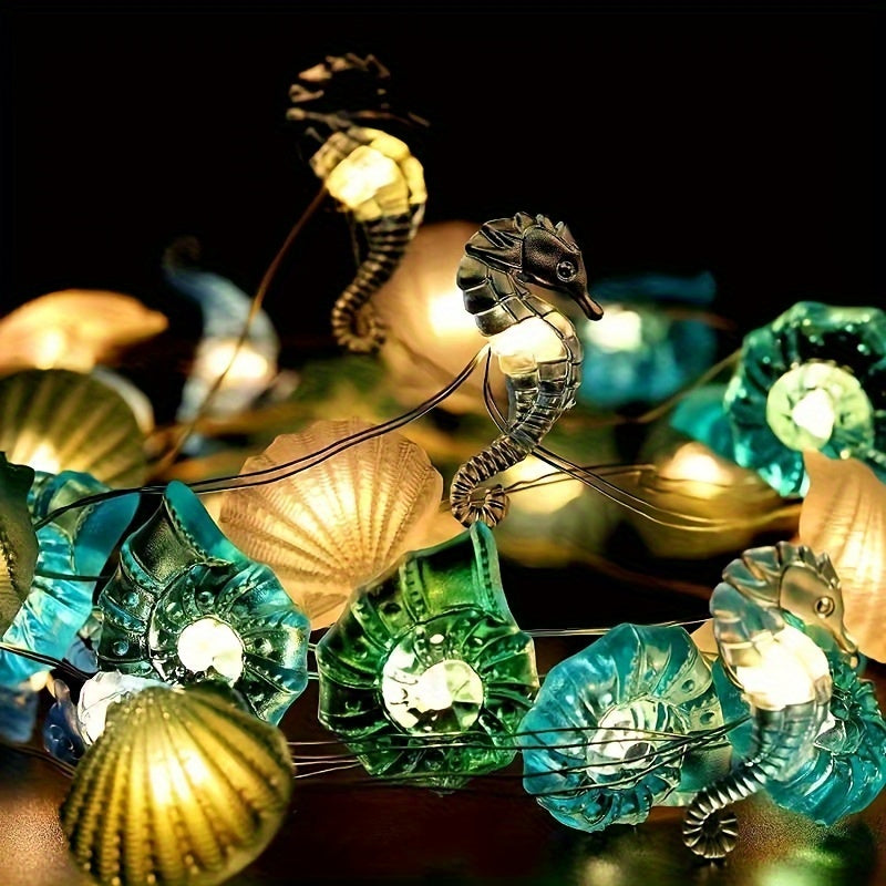 Sea Horse Starfish Shell Conch LED String Lights, Battery Operated for Decorative Lighting in various settings.