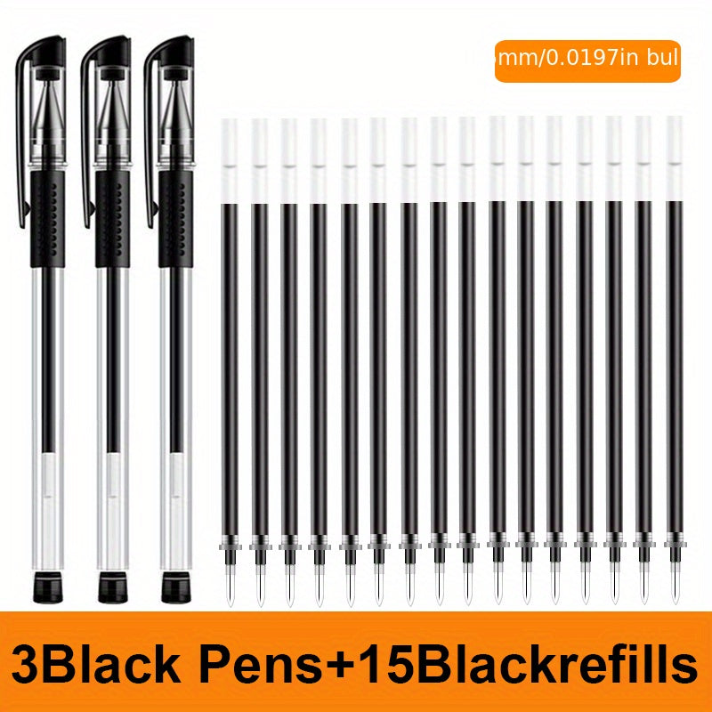 Set of 3 pens with 15 refills in black, blue, and red ink colors.