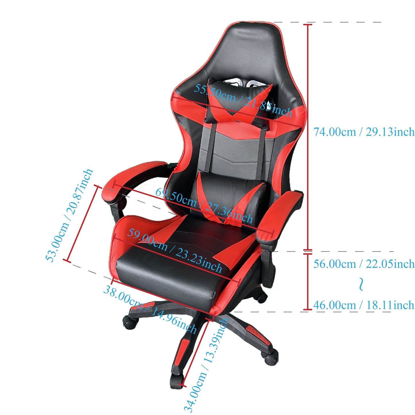 Ergonomic gaming chair with headrest and lumbar support, adjustable height and back tilt, 360° swivel, iron frame and sponge filling, plastic material with casters, handle-operated