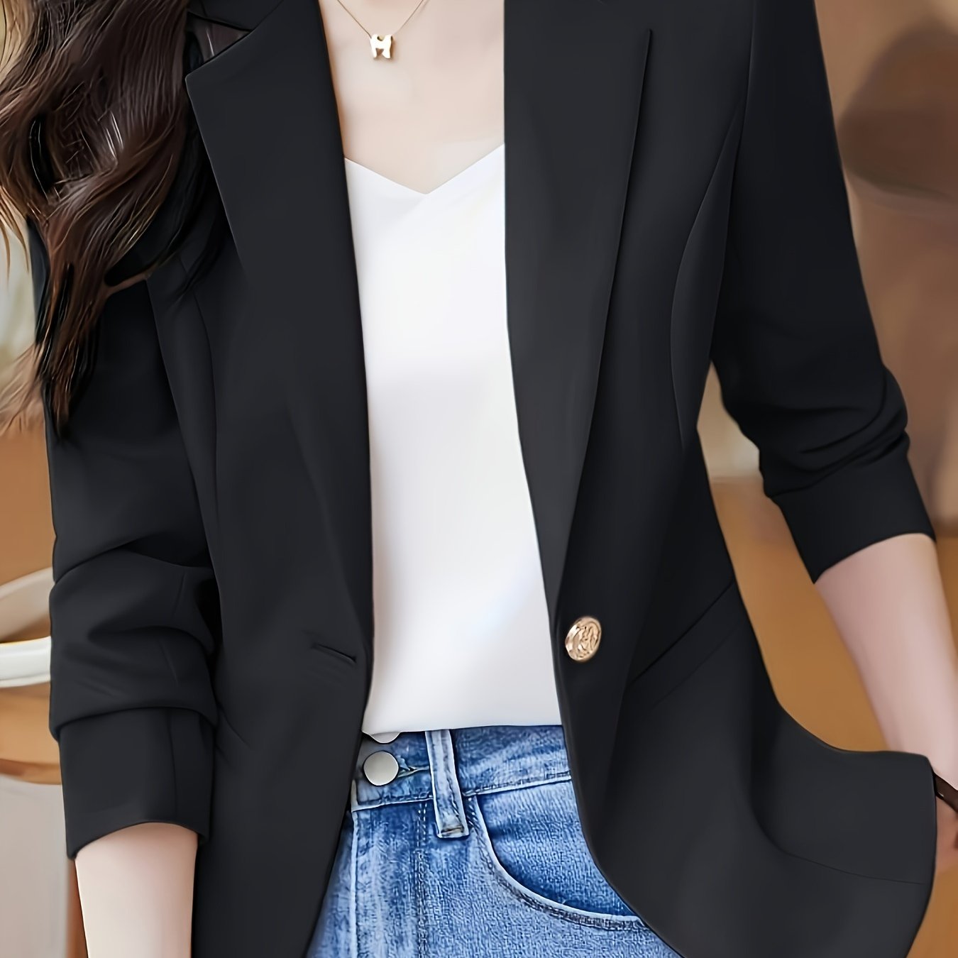 Women's stylish beige blazer with single button closure, long sleeves, slim fit, notch collar, perfect for spring/fall. Casual attire made of polyester.