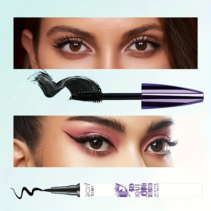 Waterproof 5D Volumizing Mascara & Eyeliner Set with Silicone Brush - Long-lasting makeup for all skin types, quick dry.