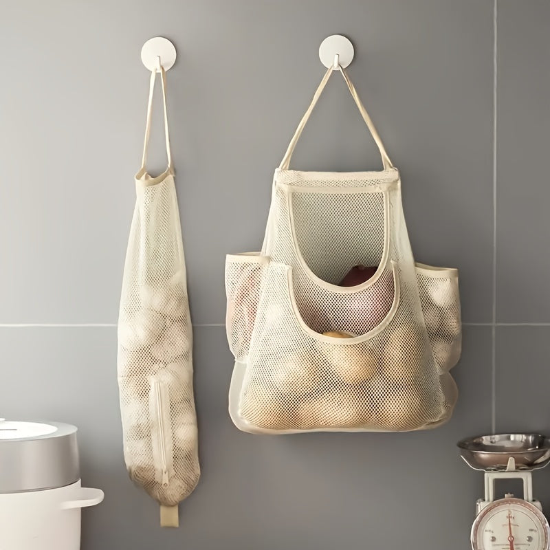 Organize your kitchen or bathroom with this durable polyester wall-mounted mesh storage bag. Featuring a drawstring closure, perfect for storing onions, garlic, fruits, and vegetables in a convenient and space-saving manner.