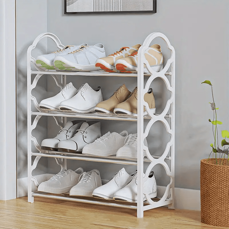 Simple to assemble, this white hexagonal 4-tier metal shoe rack organizer is designed to save space in your entryway or hallway.