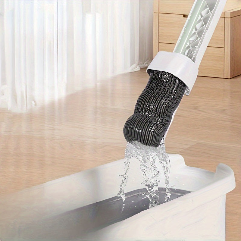 Hands-free self-wringing mop made of silicone and stainless steel, ideal for home use. This dual-purpose absorbent floor cleaning tool is suitable for wet and dry surfaces in various rooms such as the living room, bedroom, bathroom, and even outdoors.