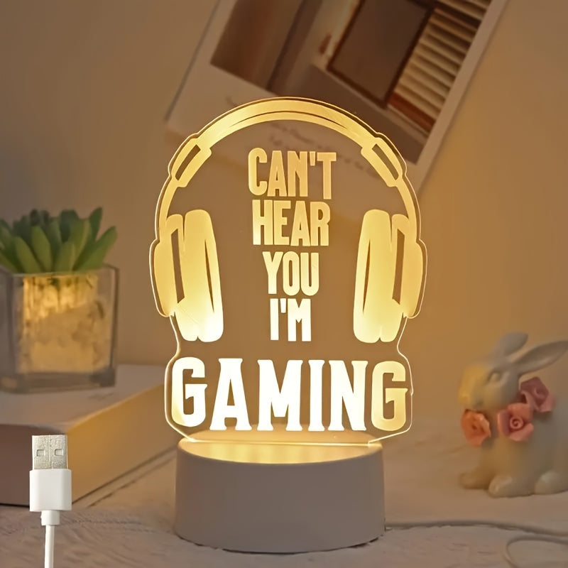 Modern USB-powered 3D gaming headset LED night light with striped design, ideal for desk and bedside decor - the perfect gift for gamers.