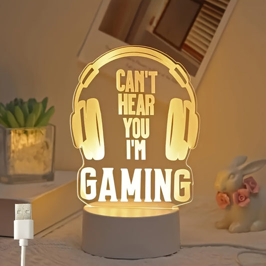 Modern USB-powered 3D gaming headset LED night light with striped design, ideal for desk and bedside decor - the perfect gift for gamers.