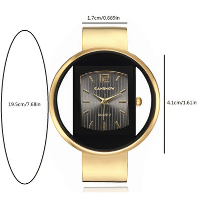 Luxury women's wrist watch with hollow dial, round analog display, alloy case and strap, and button battery for fashion accessory.