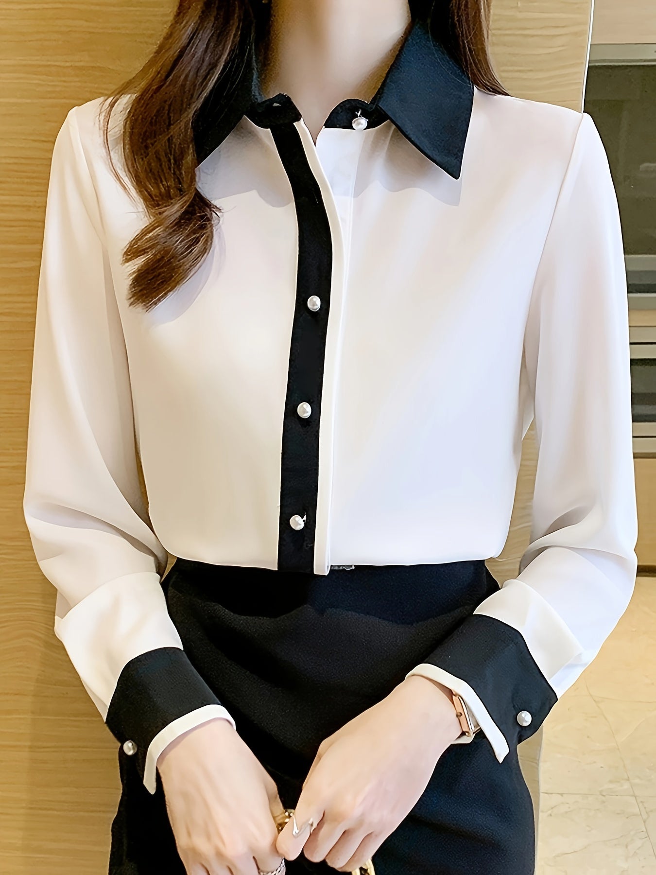 Contrast Trim Button Up Shirt for Women, Long Sleeve, Casual and Versatile for Spring & Fall