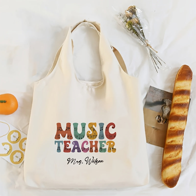 Customized Music Teacher Tote Bag - Durable Polyester Shoulder Bag with Cartoon & Alphabet Print, Easy to Carry, Foldable, Machine Washable - Perfect Present for Music Lovers and Educators