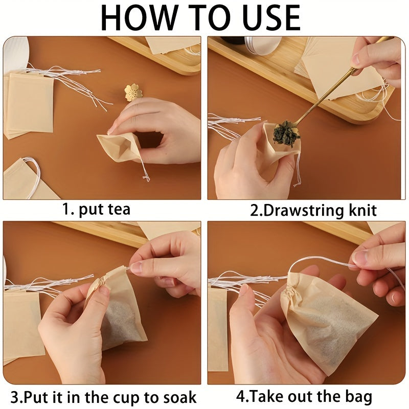 Disposable paper tea filter bags with drawstring, unbleached and safe for loose leaf tea and coffee. These 100pcs tea infuser sachets are made with strong penetration for easy brewing.