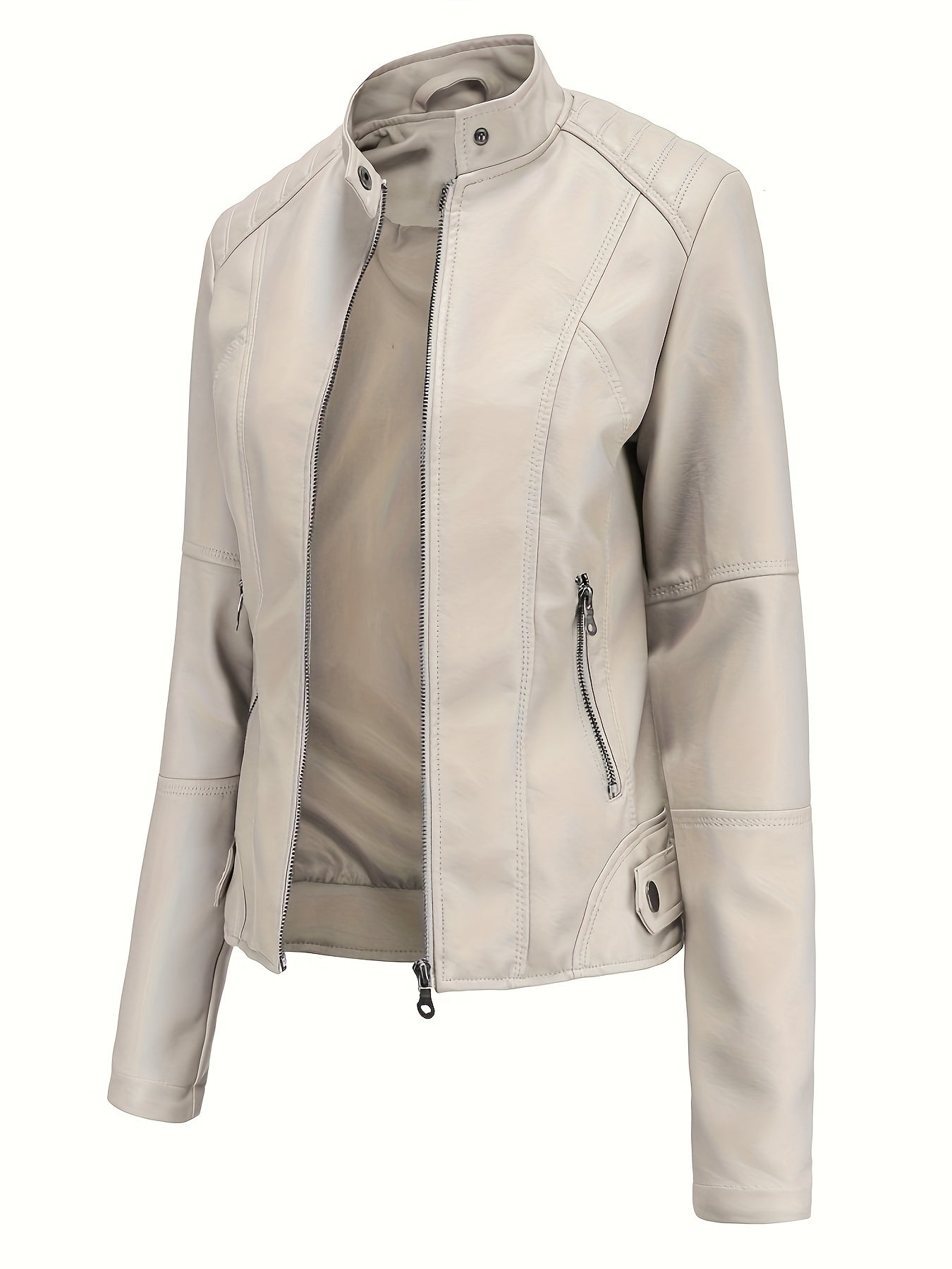 Beige biker style jacket for women, ideal for spring/fall with zipper details, stand collar, and slant pockets. Functional and sleek for casual outerwear.