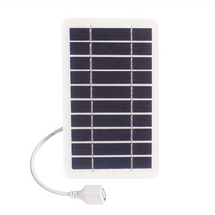 Lightweight USB solar charger for outdoor activities like camping, hiking, fishing, and travel. Operates at ≤36V with female to male polarity and 0-5W output power, no battery required.