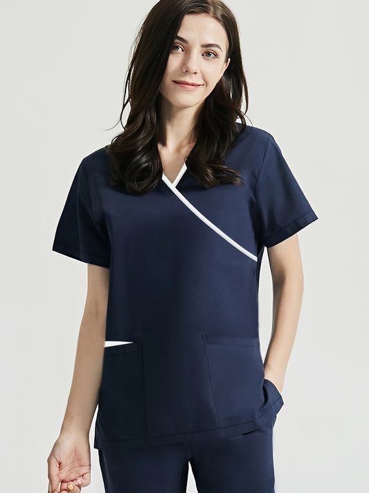 Medical Care Scrub Set with Contrast Trim, V Neck Short Sleeve Top & Pants, Women's Outfits