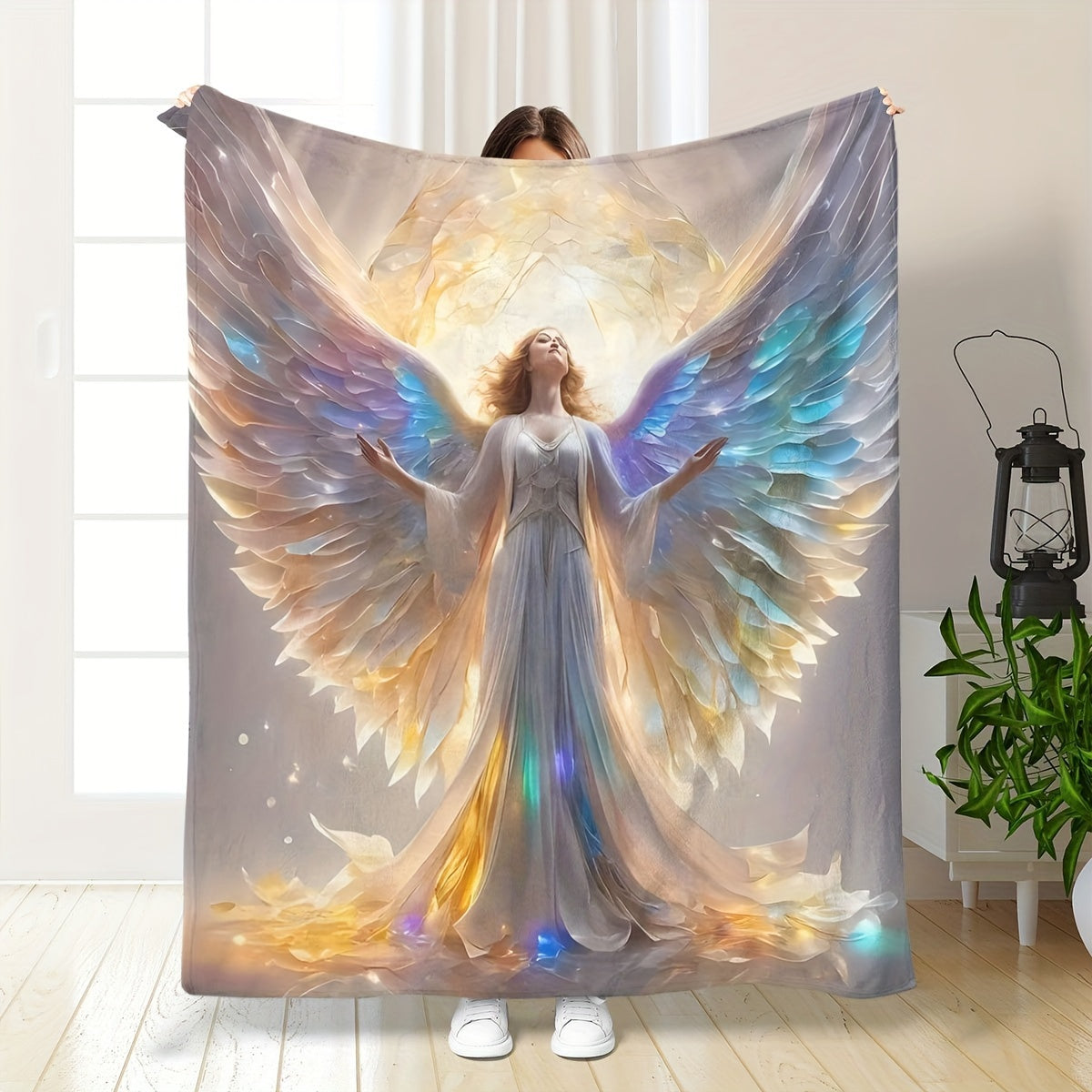 Stay cozy with our 3D printed angel flannel blanket! This soft and warm polyester throw is perfect for all seasons and is allergen-free. Featuring a vintage style with a knitted design, this blanket is handwash only and weighs 200-250g. It comes in mixed