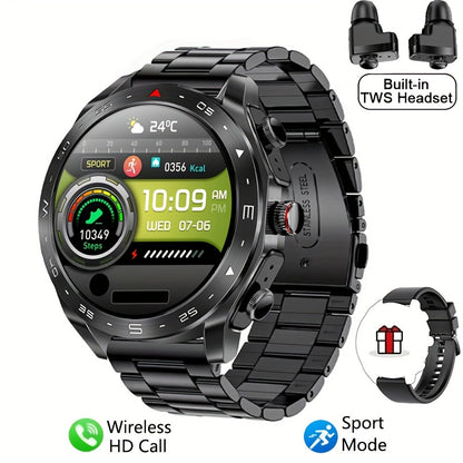 [Popular Choice] Smart Watch with built-in TWS headphones, AI voice, HD touch screen, fitness tracker, and steel/silicone strap for men.