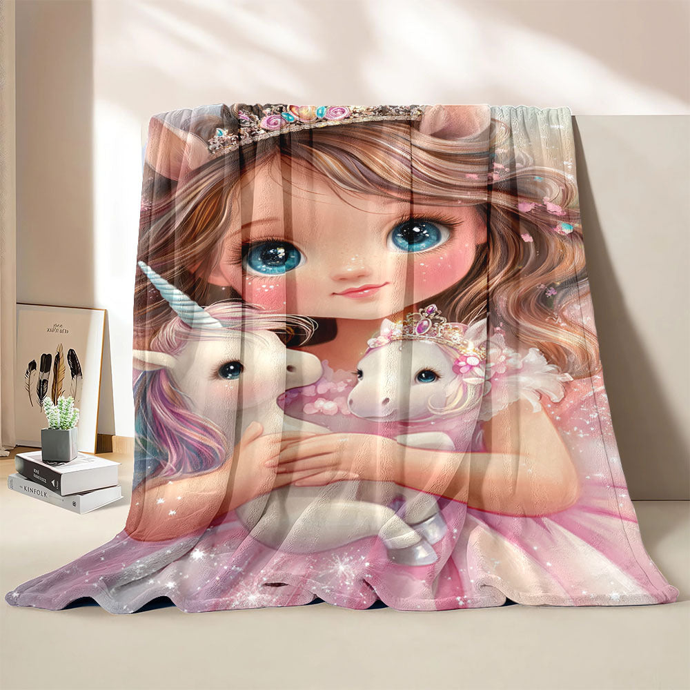 Modern flannel throw blanket featuring an enchanted girl and dreamy unicorns print. Hypoallergenic and suitable for all seasons, this multipurpose bedding is made of digital print polyester. Perfect for use on the bed, sofa, or while camping, it also