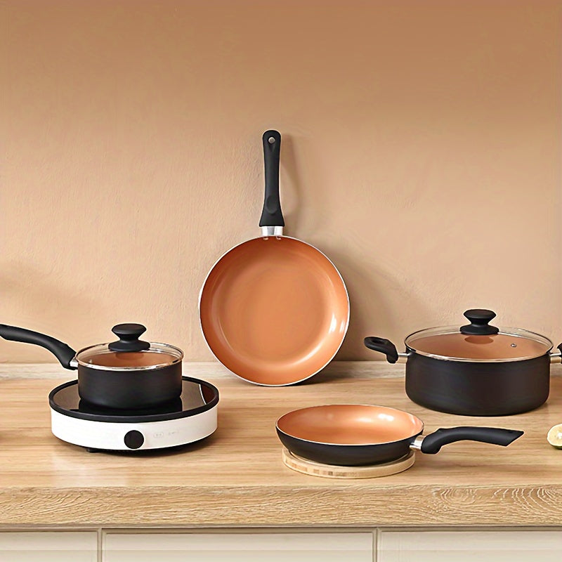 Basic kitchen cookware set including 6 pieces of nonstick pots and pans with non-stick coating. This multifunctional cookware set features an induction bottom, saucepan, stock pot, frying pan, and kitchen utensils.