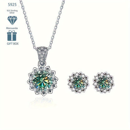 This stylish 4.5g S925 Silver Moissanite Necklace and Stud Earrings Set features a classic 1CT floral design. The set is silver-plated, making it perfect for parties, vacations, and as a Valentine's Day gift. This hot-selling fashion statement is sure to