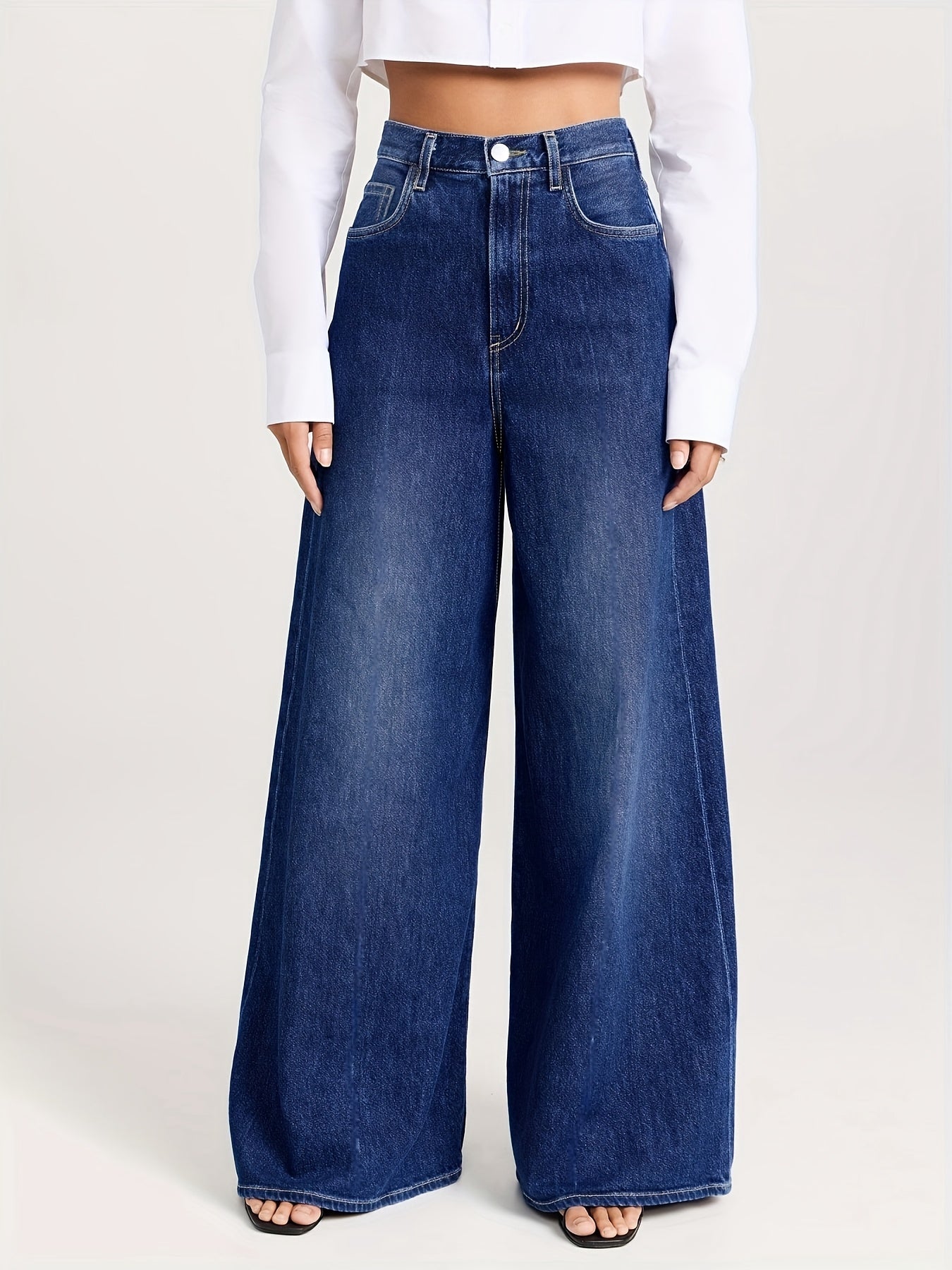 1pc SENLANJIEQU Women's Casual Wide Leg Jeans, made of 70% cotton, 28% polyester, and 2% elastane. Features a medium stretch, washed finish, and streetwear style.