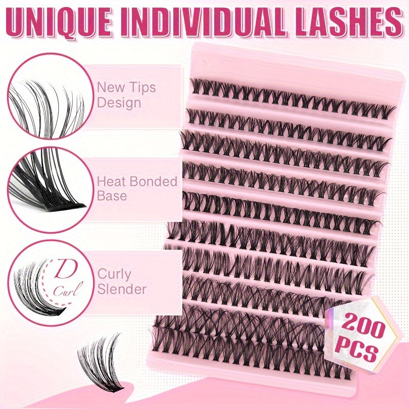 200-piece DIY Eyelash Extension Kit with mixed lengths (8-16mm) in different styles for various makeup looks. Includes natural, thick, extra thick, and cat eye options that are soft