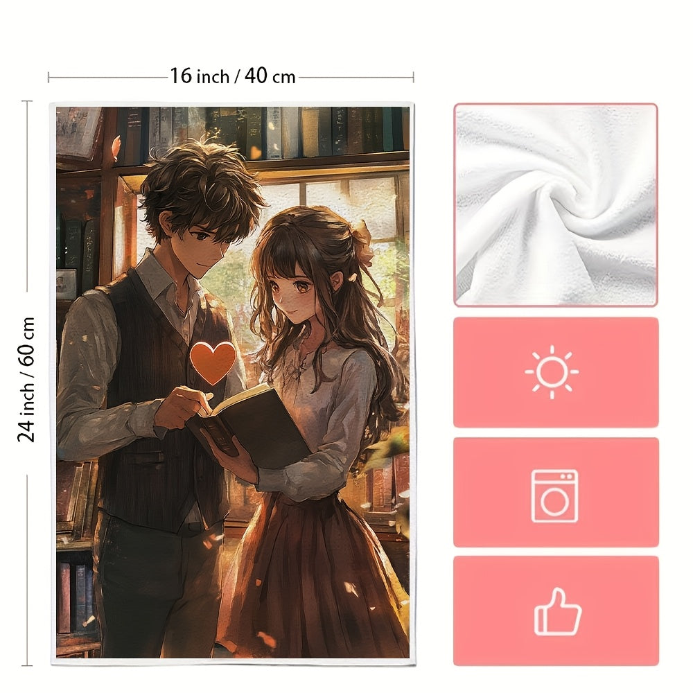 Two pieces of ultra soft kitchen towels featuring an anime boy giving a heart shaped bookmark to an anime girl reading a book. These highly absorbent dish hand towels are perfect for holiday decor. They are machine washable and measure 16x24 inches. Item