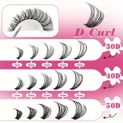 DIY lash extension kit includes 640/280pcs D curl individual lashes in 9-16mm lengths for a wispy manga look at home.